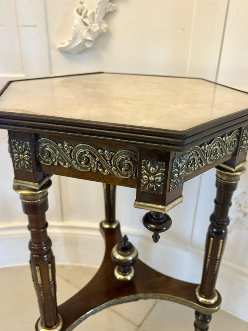 Antique Victorian French Quality Mahogany and Gilded Brass Marble Top Lamp Table - Image 6